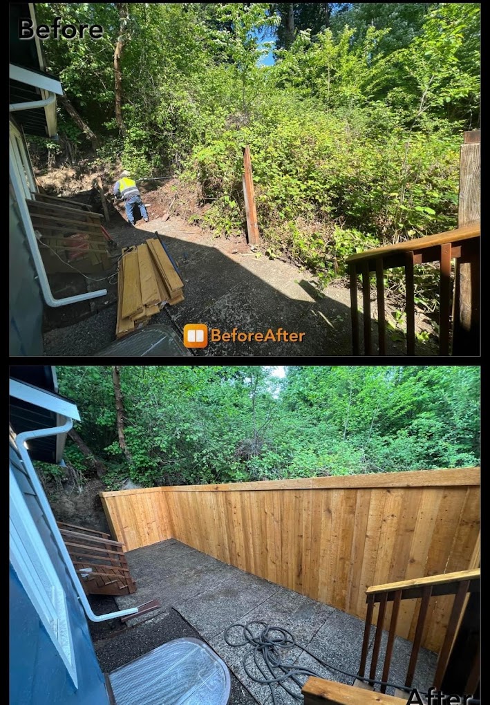 Before and after of a cedar fence build